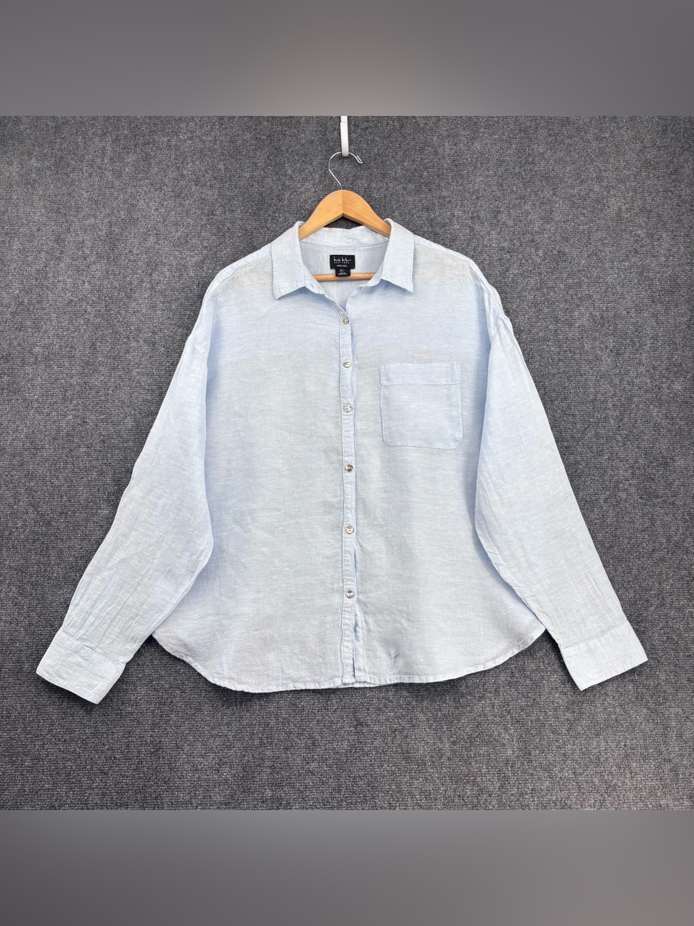 Nicole Miller Light Blue 100% Linen Coastal Grandma Minimalist Blouse Size L